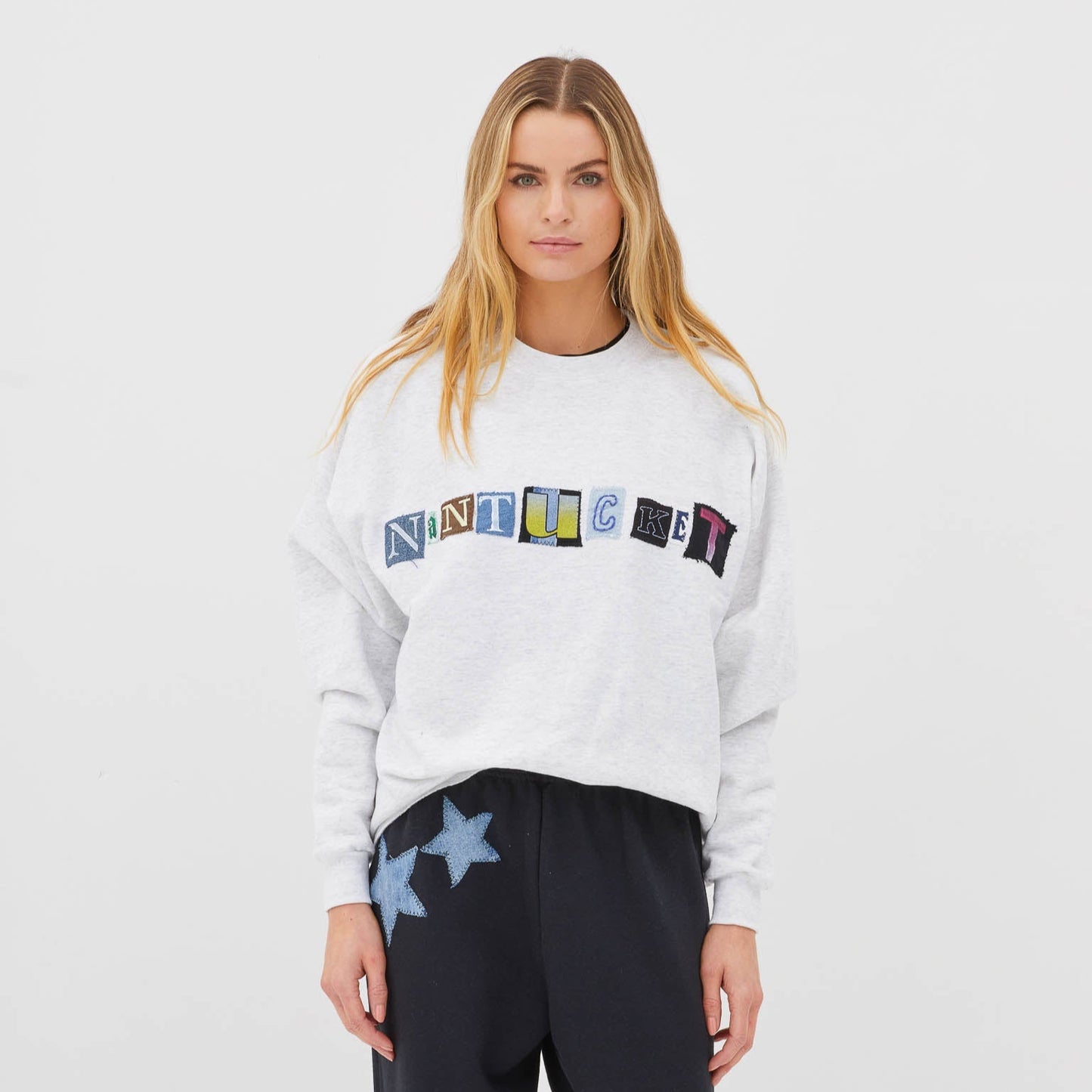 Mixed Fabric Letter Sweatshirt