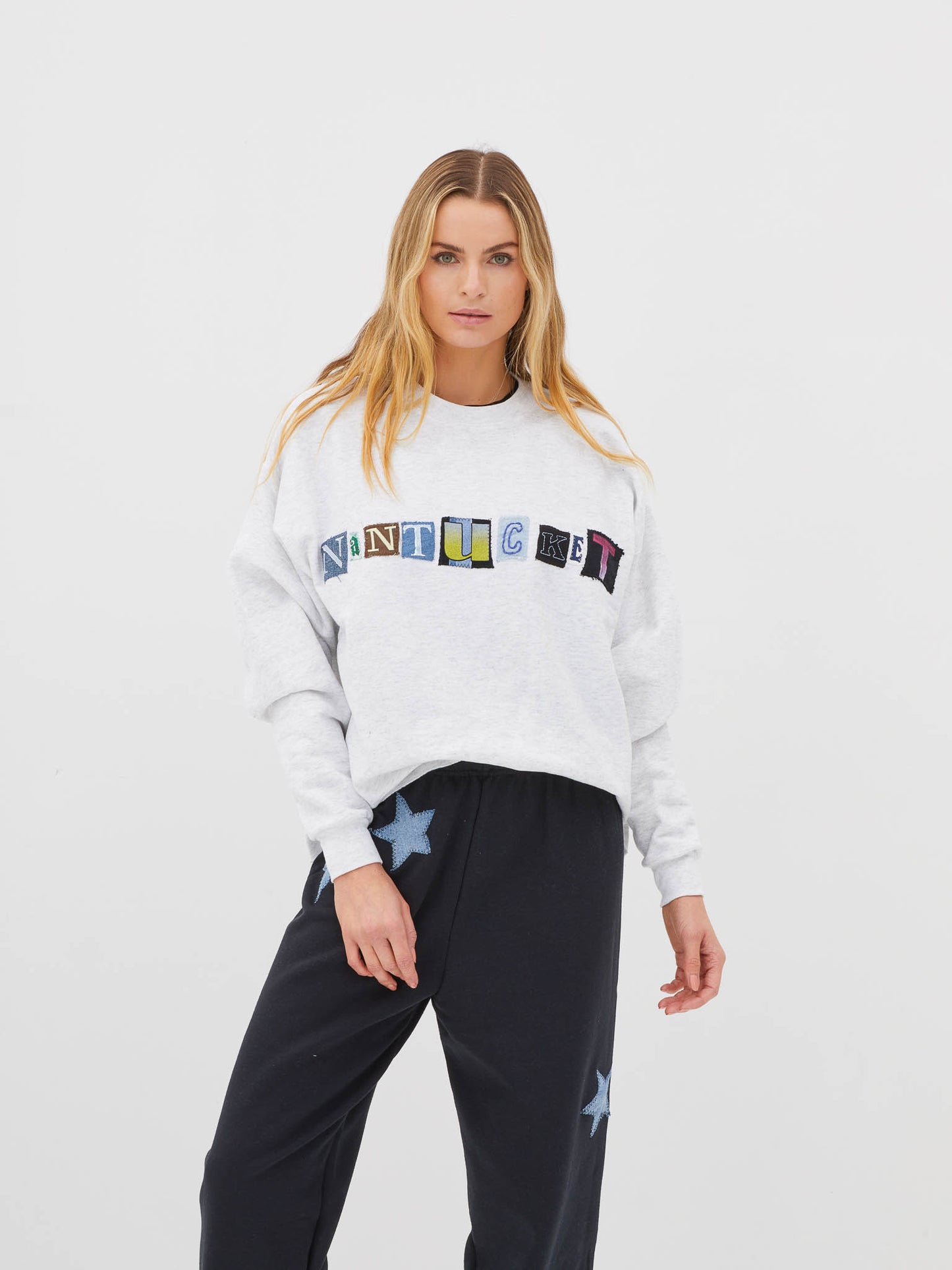Mixed Fabric Letter Sweatshirt